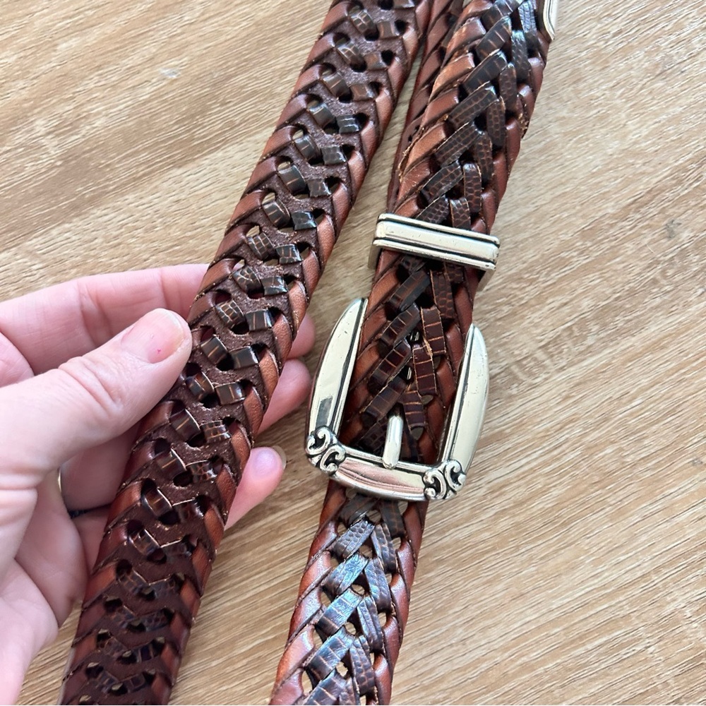 Vintage Woven vertebrae silver brass women’s Brown real Leather Belt L - Picture 5 of 11